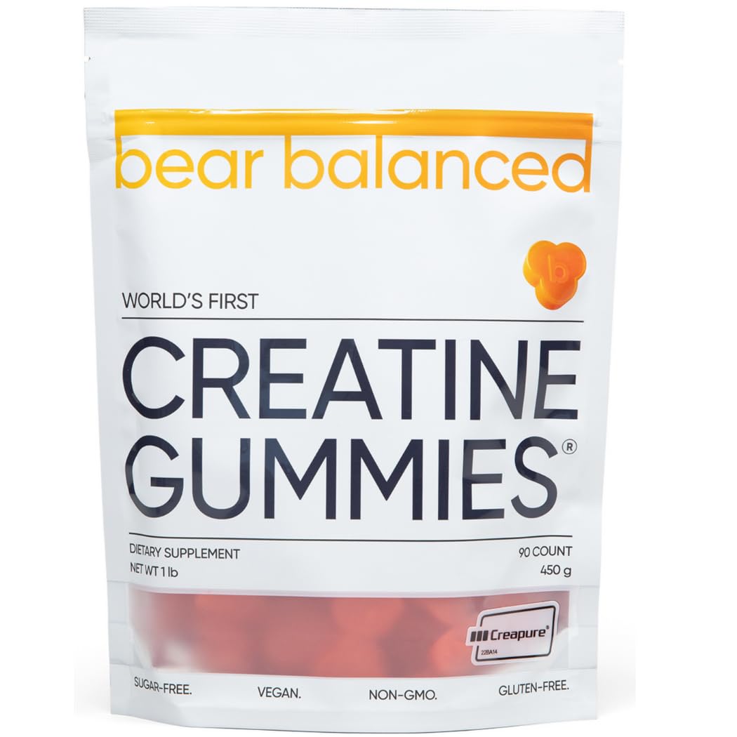 Bear Balanced Creatine Gummies for Men & Women - Creapure® Creatine Monohydrate, L-Theanine, L-Tyrosine & B12 for Muscle Growth, Strength, Focus, Energy & Health - Low Calorie, Sugar-Free, & Vegan