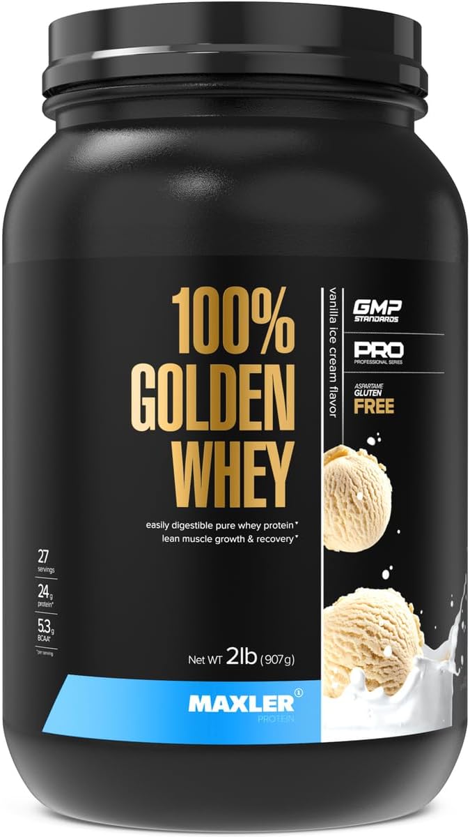 Maxler 100% Golden Whey Protein - 24g of Protein per Serving - Premium Whey Protein Powder for Pre Post Workout - Fast-Absorbing Whey Concentrate, Isolate & Hydrolysate Blend - Vanilla Ice Cream 2 lb