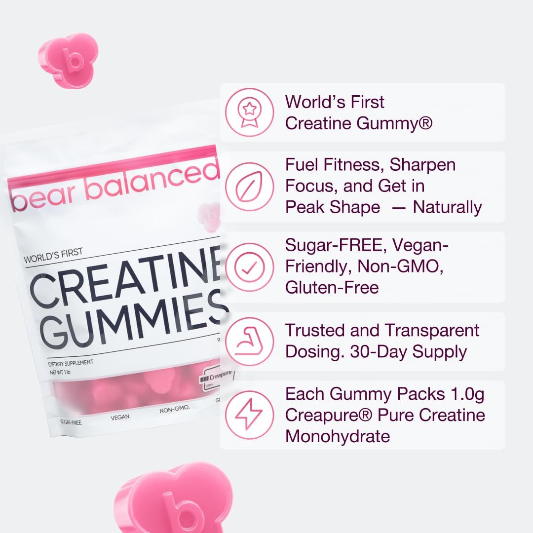 Bear Balanced Creatine Gummies for Men & Women - Creapure® Creatine Monohydrate, L-Theanine, L-Tyrosine & B12 for Muscle Growth, Strength, Focus, Energy & Health - Low Calorie, Sugar-Free, & Vegan