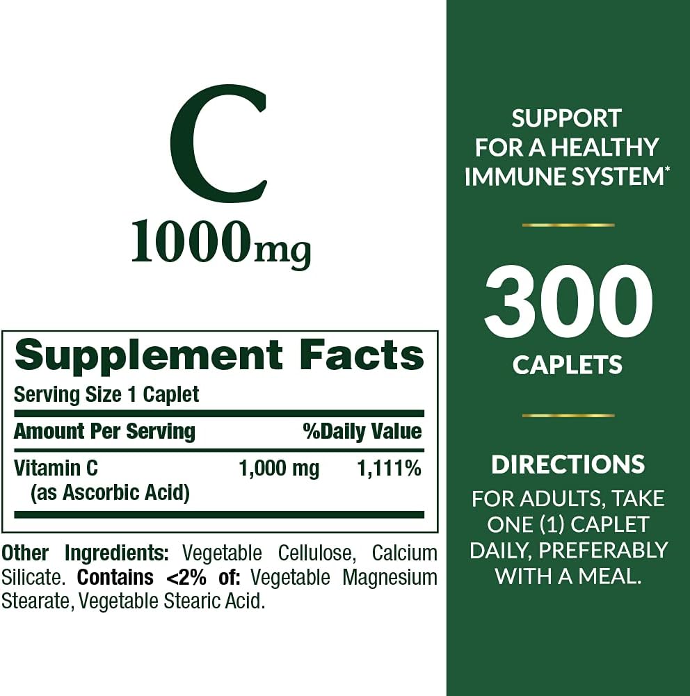 Nature's Bounty Vitamin C 1000mg, Supports Immune and Antioxidant Health, Vitamin C Supplement, 1 Per Day, 300 Vegetarian Caplets
