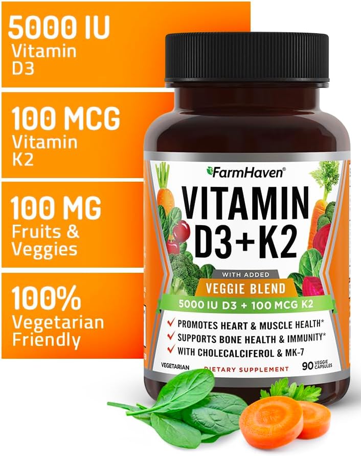 FarmHaven Vitamin D3 K2 Capsules - 5000 IU D3 and 100 mcg K2 - Cholecalciferol MK7 with Veggie Fruit Blend - Vitamin D K2 Supplement for Immune System & Heart Health - Vegetarian, Non-GMO, 90 Caps