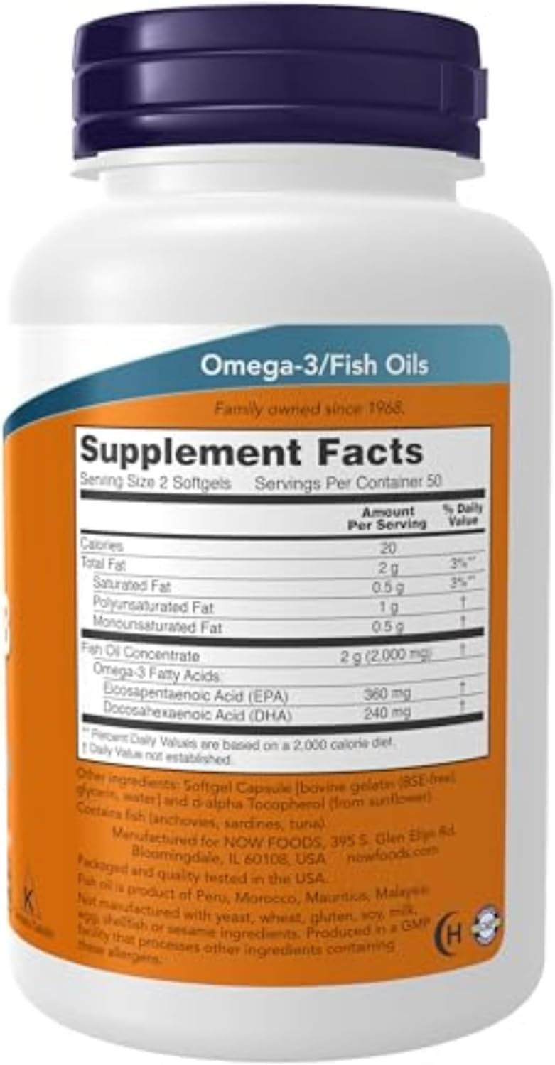 NOW Supplements, Omega-3 180 EPA / 120 DHA, Molecularly Distilled, Cardiovascular Support, 100 Softgels