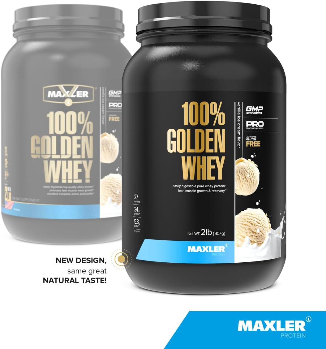 Maxler 100% Golden Whey Protein - 24g of Protein per Serving - Premium Whey Protein Powder for Pre Post Workout - Fast-Absorbing Whey Concentrate, Isolate & Hydrolysate Blend - Vanilla Ice Cream 2 lb