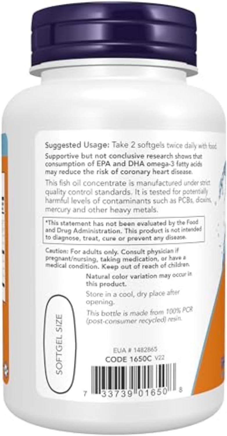 NOW Supplements, Omega-3 180 EPA / 120 DHA, Molecularly Distilled, Cardiovascular Support, 100 Softgels