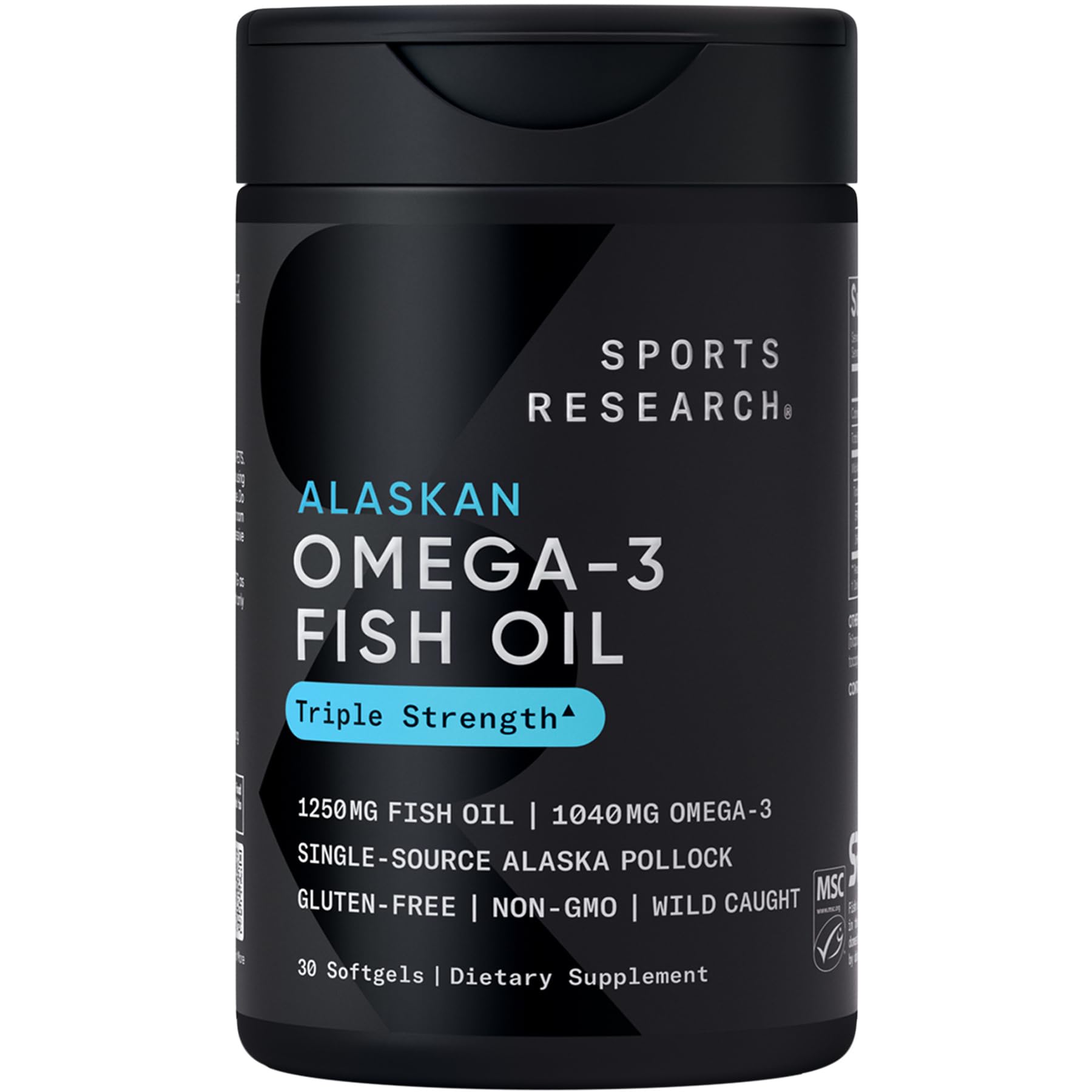 Sports Research Triple Strength Omega 3 Fish Oil - Burpless Fish Oil Supplement w/EPA & DHA Fatty Acids from Single-Source Wild Alaska Pollock - 1250 mg, 90 ct