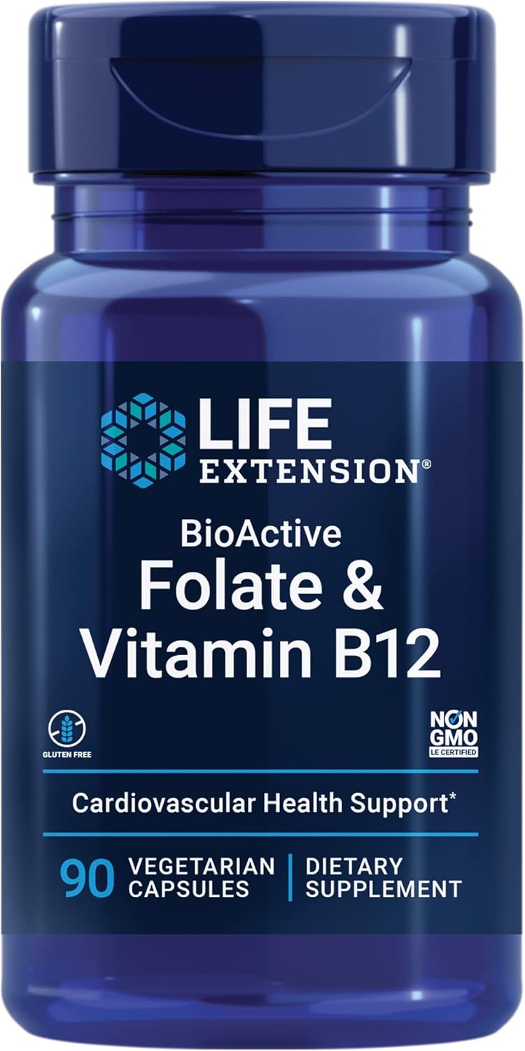 Life Extension BioActive Folate & Vitamin B12, Promotes Heart, Brain & GI Tract Health, Non-GMO, Gluten-Free, Vegetarian, 90 Capsules