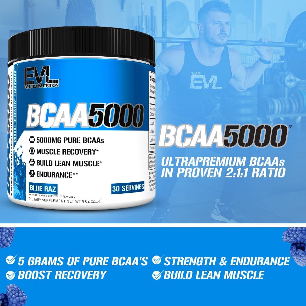 Evlution EVL BCAAs Amino Acids Powder - BCAA Powder Post Workout Recovery Drink and Stim Free Pre Workout Energy - 5g Branched Chain Amino Acids Supplement for Men - Blue Raz