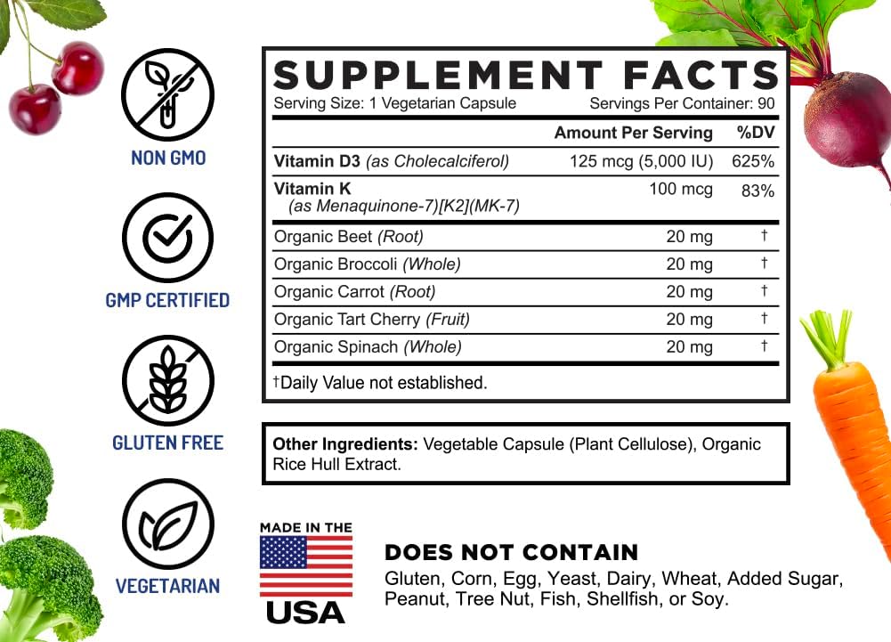 FarmHaven Vitamin D3 K2 Capsules - 5000 IU D3 and 100 mcg K2 - Cholecalciferol MK7 with Veggie Fruit Blend - Vitamin D K2 Supplement for Immune System & Heart Health - Vegetarian, Non-GMO, 90 Caps