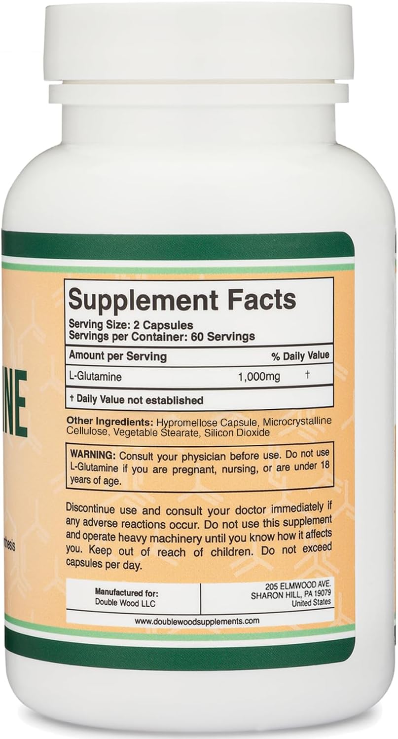 L Glutamine Capsules - (1000mg Servings, 120 Capsules) Non-GMO, Gluten Free, Keto Safe, Vegan Friendly, Third Party Tested (for Endurance and Gut Health) by Double Wood
