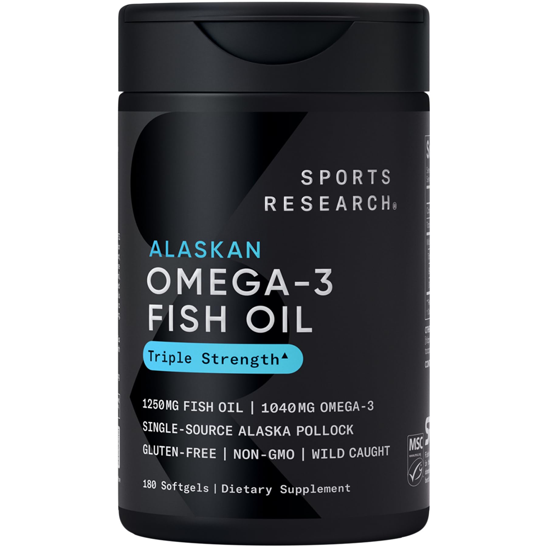 Sports Research Triple Strength Omega 3 Fish Oil - Burpless Fish Oil Supplement w/EPA & DHA Fatty Acids from Single-Source Wild Alaska Pollock - 1250 mg, 90 ct
