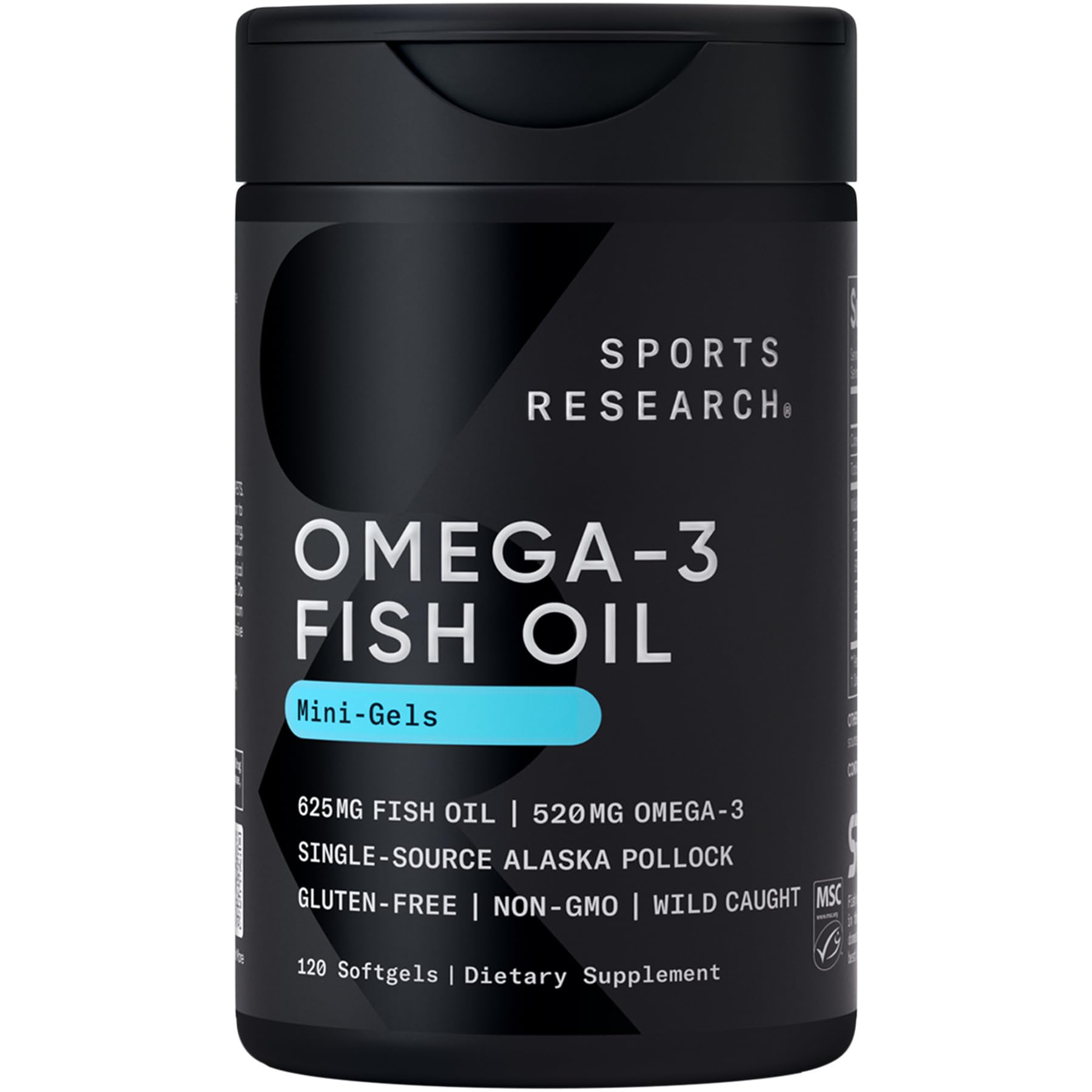 Sports Research Triple Strength Omega 3 Fish Oil - Burpless Fish Oil Supplement w/EPA & DHA Fatty Acids from Single-Source Wild Alaska Pollock - 1250 mg, 90 ct