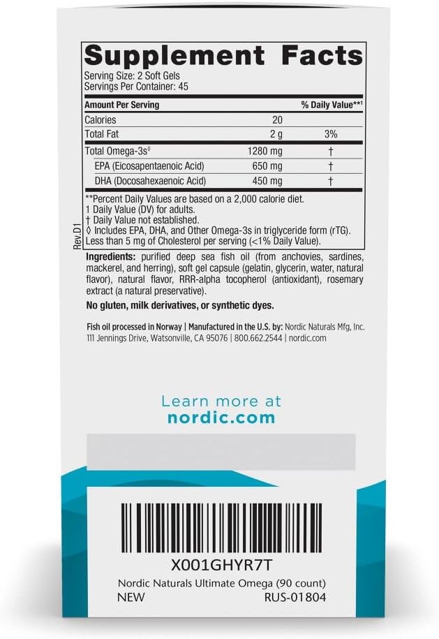 Nordic Naturals Ultimate Omega, Lemon Flavor - 90 Soft Gels - 1280 mg Omega-3 - High-Potency Omega-3 Fish Oil Supplement with EPA & DHA - Promotes Brain & Heart Health - Non-GMO - 45 Servings