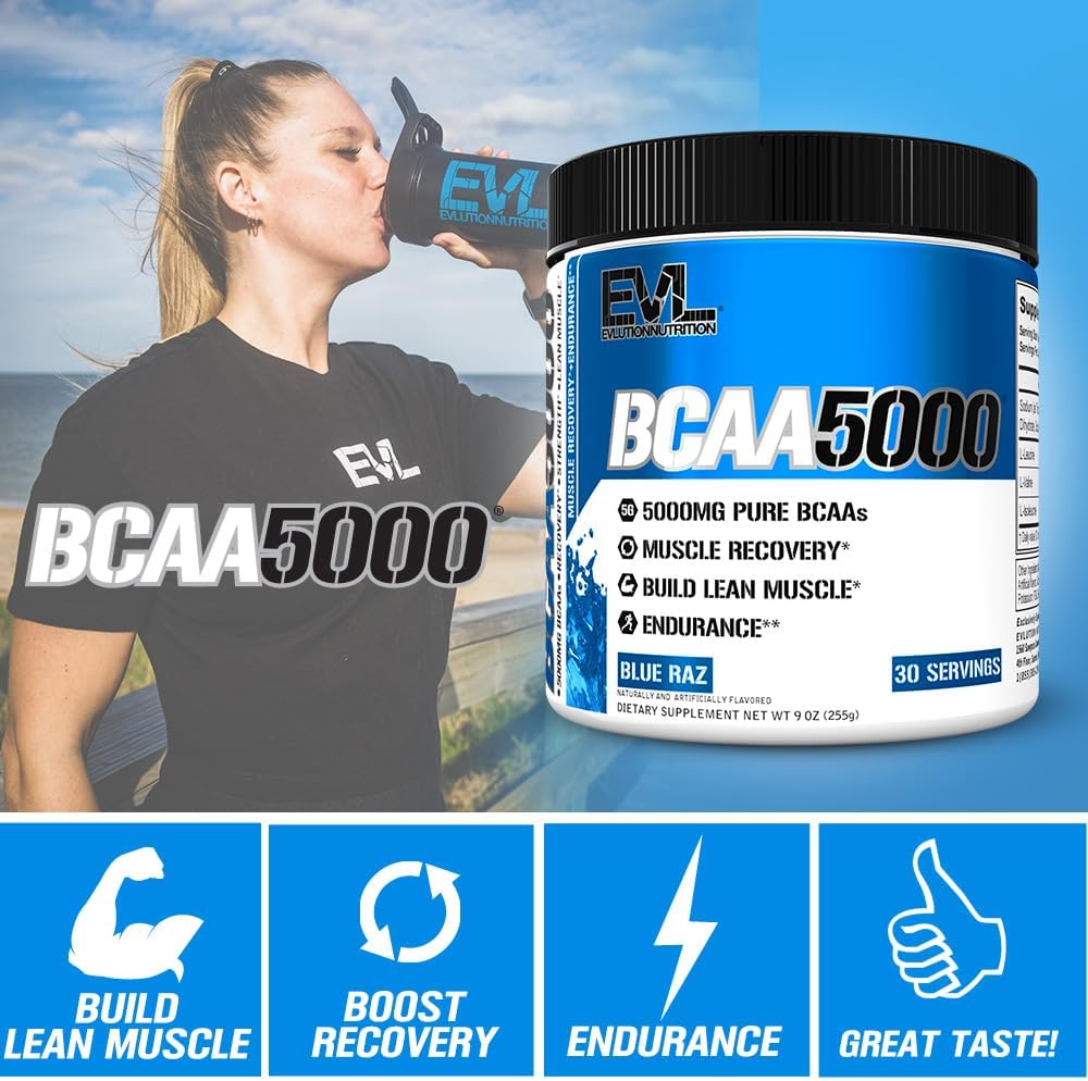 Evlution EVL BCAAs Amino Acids Powder - BCAA Powder Post Workout Recovery Drink and Stim Free Pre Workout Energy - 5g Branched Chain Amino Acids Supplement for Men - Blue Raz