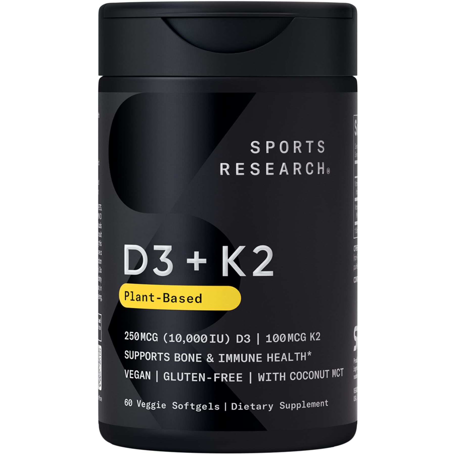 Sports Research® Vitamin D3 + K2 w/ Coconut Oil - Vegan Vitamin D 5000iu & Mk7 Vitamin K 100mcg for Bone & Immune Support - Vegan Certified · Non-GMO · Soy Free - 60 Softgels
