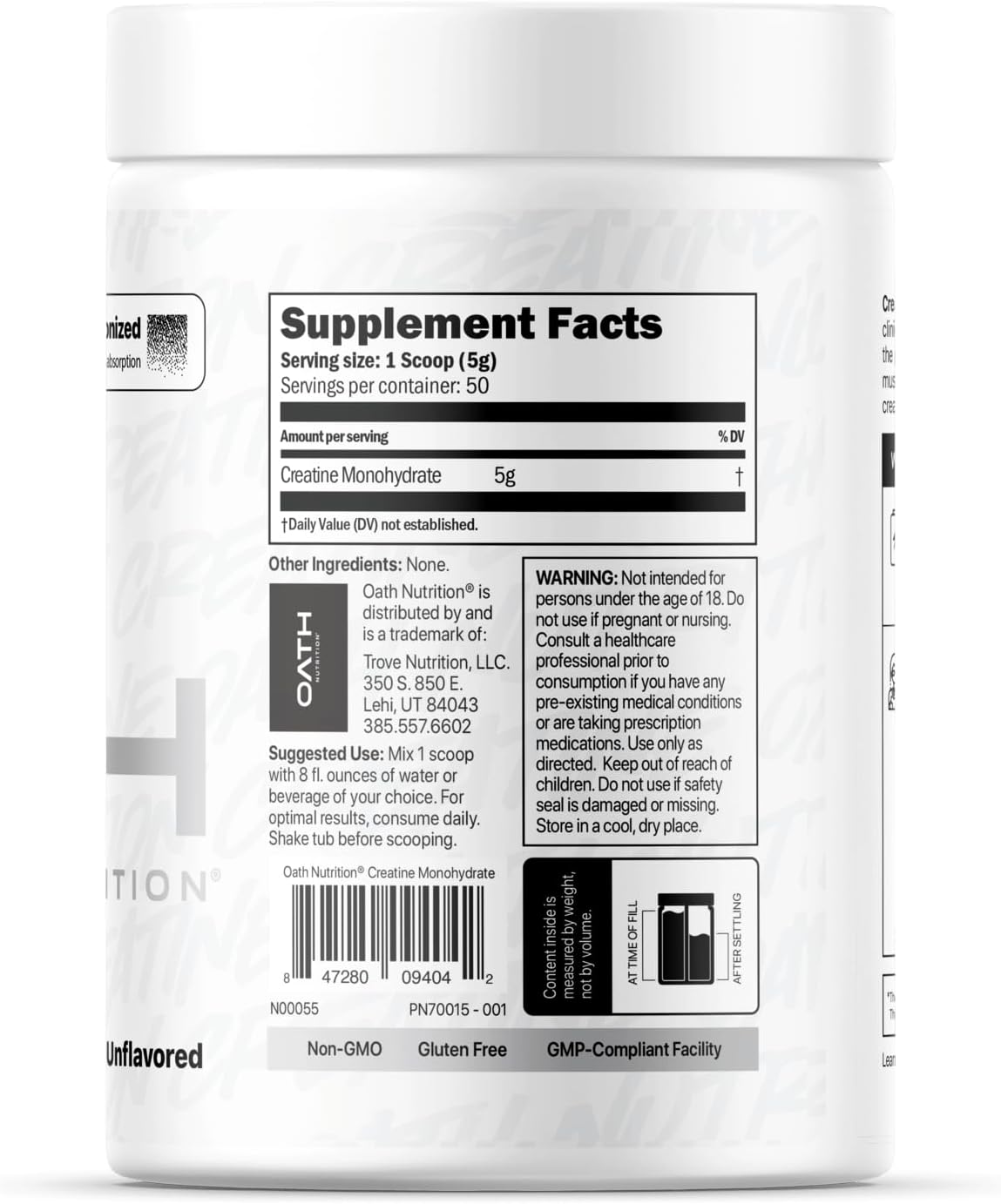 Oath Nutrition Ultra Micronized Creatine Monohydrate Powder, Unflavored, Gluten Free, Non GMO, Creatine Powder for Women and Men, 5,000g per Serving, 50 Servings