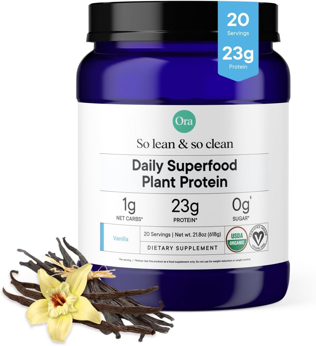 Ora Organic Plant-Based Protein Powder - 23g Protein for Women and Men - Vanilla Flavor 20 Servings, Vegan, Clean Protein, Third-Party Tested, Gluten-Free - 20 Servings