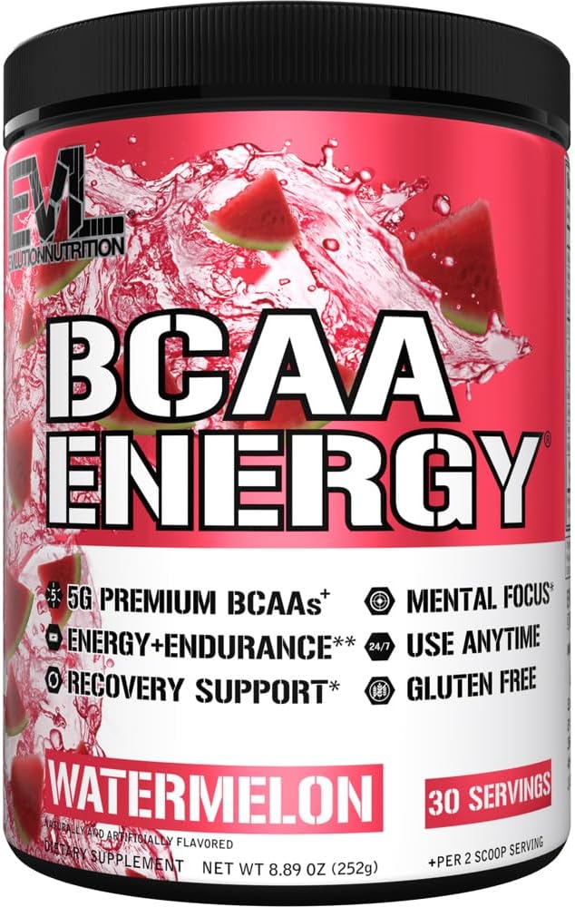 EVL BCAAs Amino Acids Powder - BCAA Energy Pre Workout Powder for Muscle Recovery Lean Growth and Endurance - Rehydrating Post Workout Recovery Drink with Natural Caffeine - Watermelon