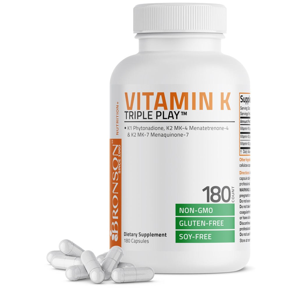 Bronson Vitamin K Triple Play (Vitamin K2 MK7 / Vitamin K2 MK4 / Vitamin K1) Full Spectrum Complex Vitamin K Supplement, 90 Capsules