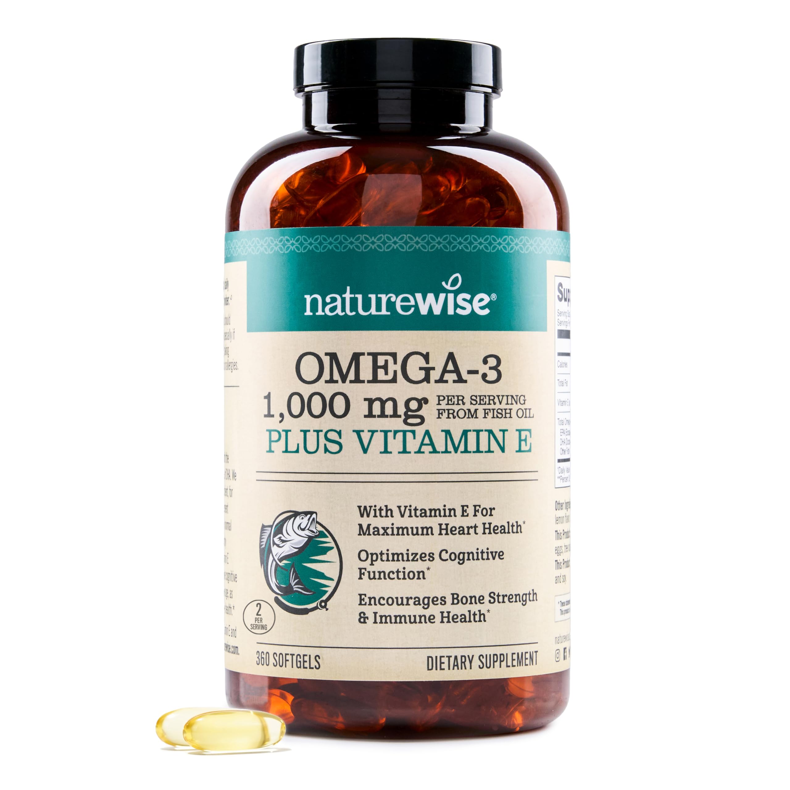 NatureWise Extra-Strength Omega 3 Fish Oil Supplement - 1000mg per Serving - 600 EPA & 400 DHA and Vitamin E - Support for Heart & Brain Health - Lemon Flavor, GMO-Free - 60 Softgels[1-Month Supply]