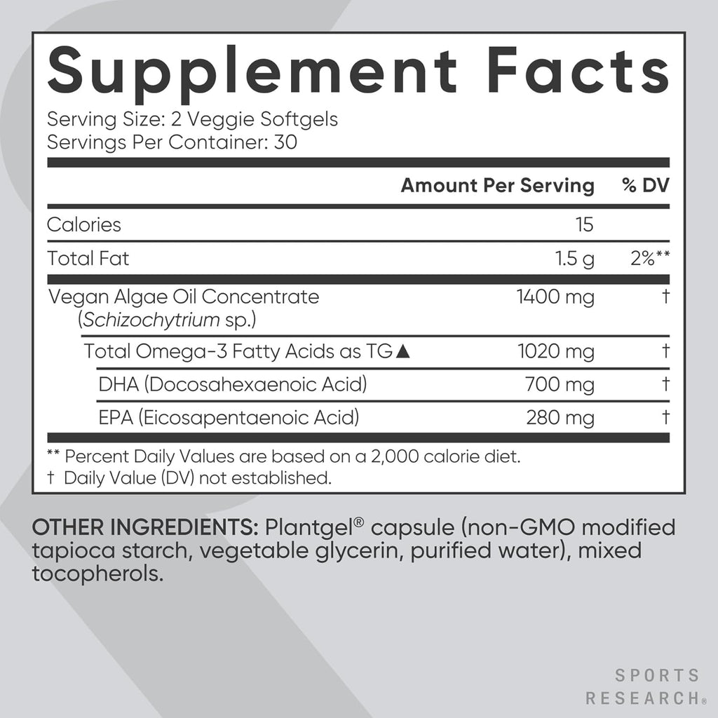 Sports Research Vegan Omega-3 Fish Oil Alternative from Algae Oil - Highest Levels of Vegan DHA & EPA Fatty Acids | Non-GMO Tested - 60 Veggie Softgels (Carrageenan Free)
