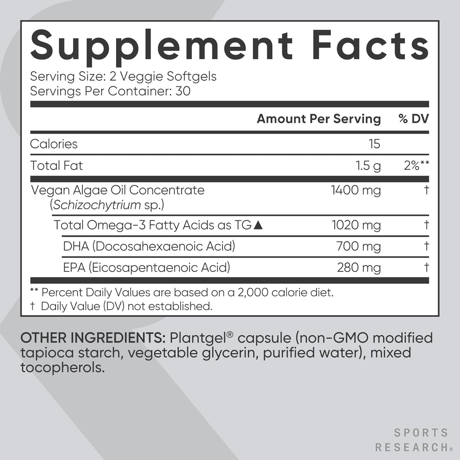 Sports Research Vegan Omega-3 Fish Oil Alternative from Algae Oil - Highest Levels of Vegan DHA & EPA Fatty Acids | Non-GMO Tested - 60 Veggie Softgels (Carrageenan Free)
