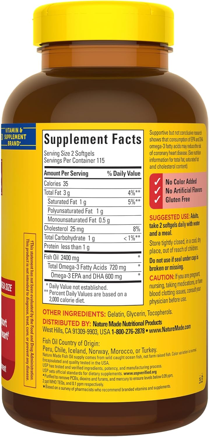 Nature Made Fish Oil Omega 3 Supplements, 1200 mg Softgels, Omega 3 Fish Oil for Healthy Heart Support, 230 Softgels, 115 Day Supply