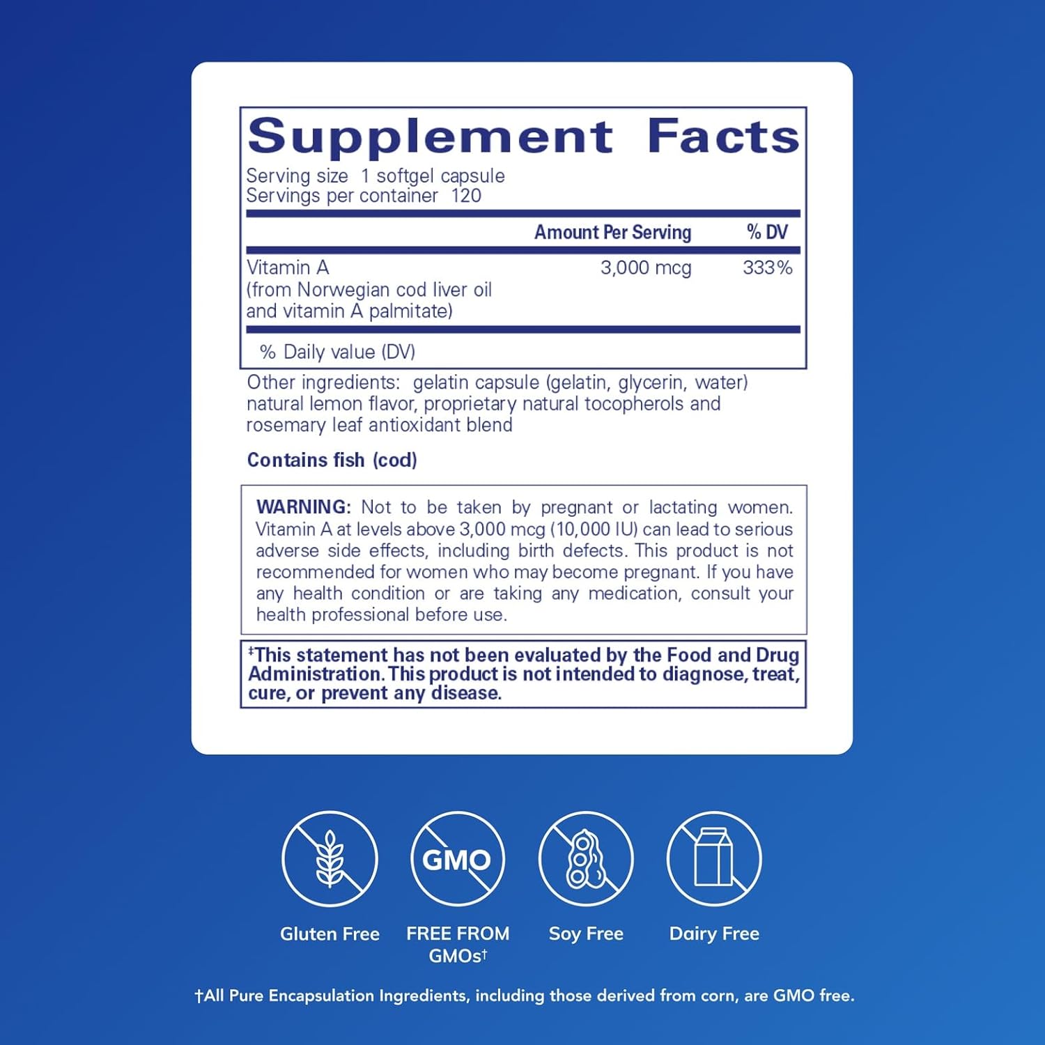Pure Encapsulations Vitamin A - 3,000 mcg - from Cod Liver Oil - Immune & Vision Support* - Vitamin A Palmitate Supplement - Non-GMO - 120 Softgel Capsules