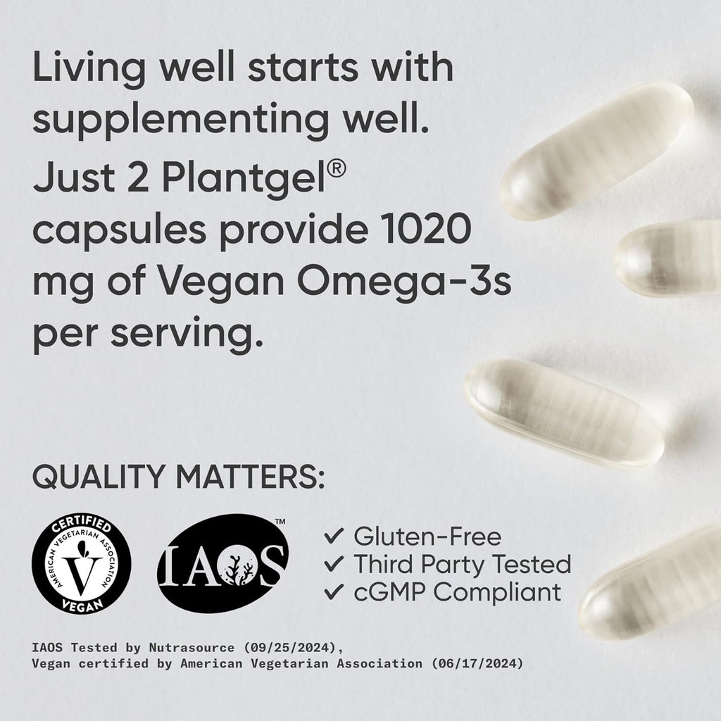 Sports Research Vegan Omega-3 Fish Oil Alternative from Algae Oil - Highest Levels of Vegan DHA & EPA Fatty Acids | Non-GMO Tested - 60 Veggie Softgels (Carrageenan Free)