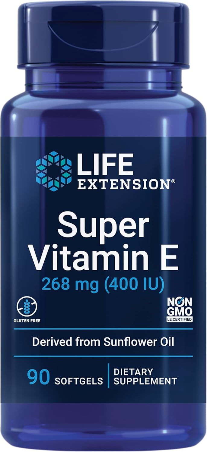 Life Extension Super Vitamin E, 268 mg (400 IU), Non-Synthetic Vitamin E Supplement Promotes Whole-Body Health, Gluten-Free, Non-GMO, 90 softgels