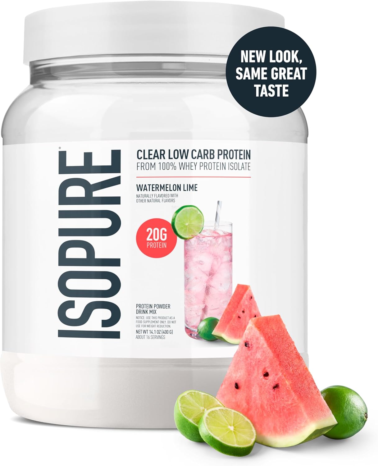 Isopure Clear Whey Isolate Protein Powder, Lactose Free, Gluten Free, Naturally Flavored, Watermelon Lime, 20g Protein Per Serving, 14.1 Oz, 16 Servings (Packaging May Vary)