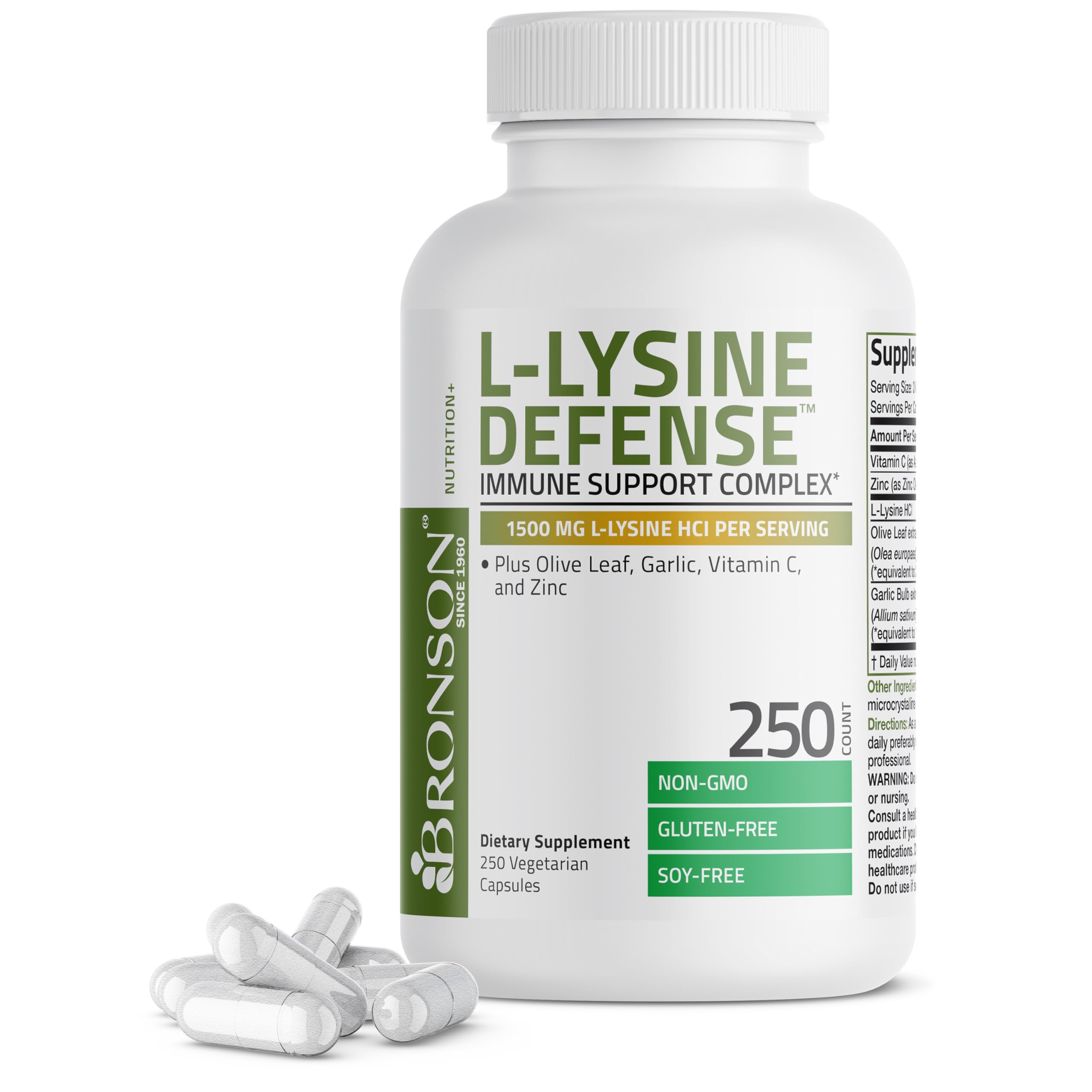 Bronson L-Lysine Defense Immune Support Complex 1500 MG L-Lysine Plus Olive Leaf, Garlic, Vitamin C and Zinc - Non-GMO, 90 Vegetarian Capsules