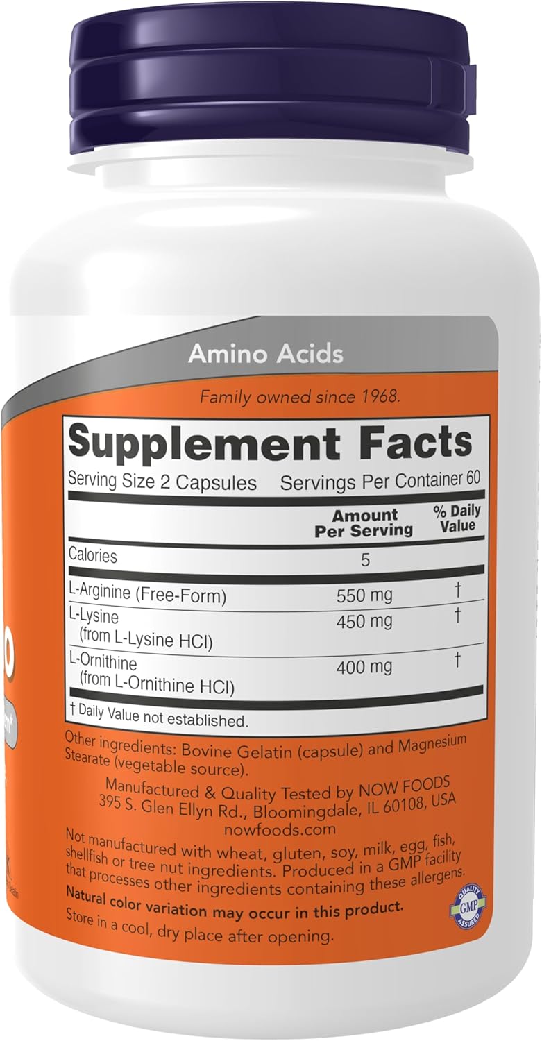 NOW Foods Supplements, Tri-Amino with L-Arginine, L-Ornithine, L-Lysine, Supports Protein Metabolism*, 120 Capsules