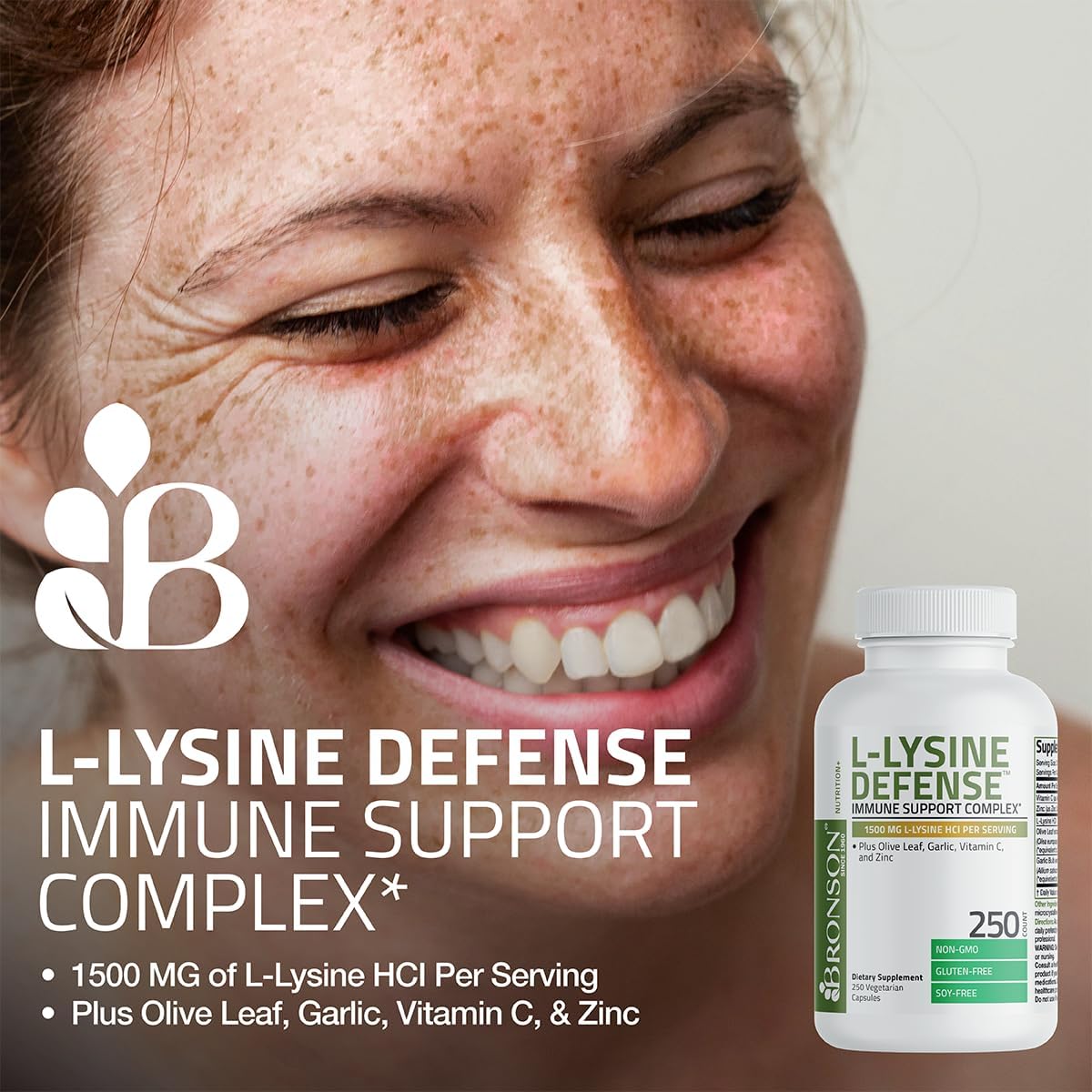 Bronson L-Lysine Defense Immune Support Complex 1500 MG L-Lysine Plus Olive Leaf, Garlic, Vitamin C and Zinc - Non-GMO, 90 Vegetarian Capsules