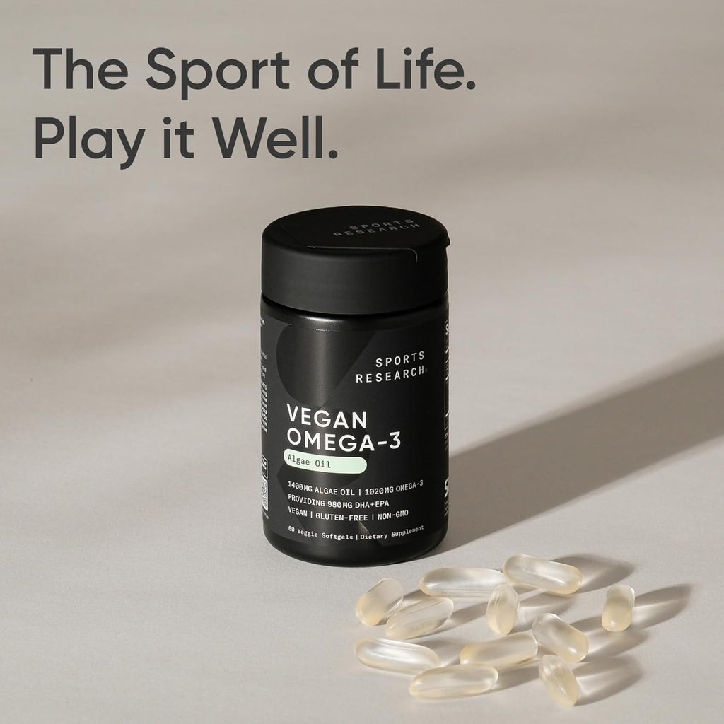 Sports Research Vegan Omega-3 Fish Oil Alternative from Algae Oil - Highest Levels of Vegan DHA & EPA Fatty Acids | Non-GMO Tested - 60 Veggie Softgels (Carrageenan Free)