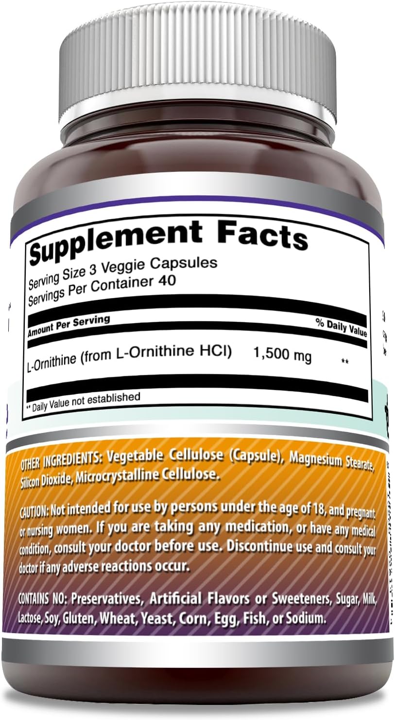 Amazing Formulas L-Ornithine 1500 Mg Per Serving Veggie Capsules Supplement | Non-GMO | Gluten Free | Made in USA (120 Count)