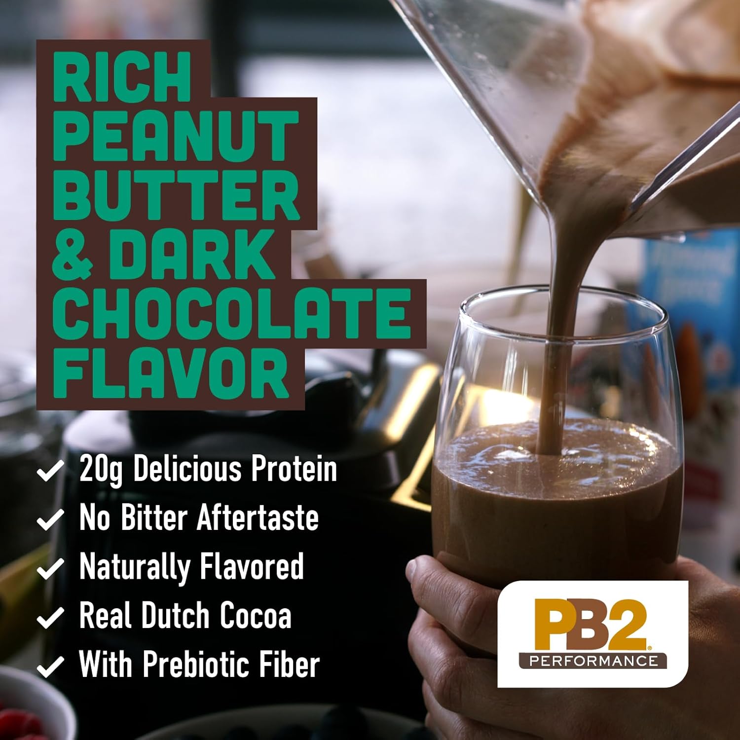 PB2 Performance Peanut Plant Based Vegan Protein Powder | 20g Complete Protein, No Added Sugar, Prebiotic Fiber | Dairy Free, Certified Vegan, Non-GMO, and Gluten Free [Peanut with Dutch Cocoa, 2lb]