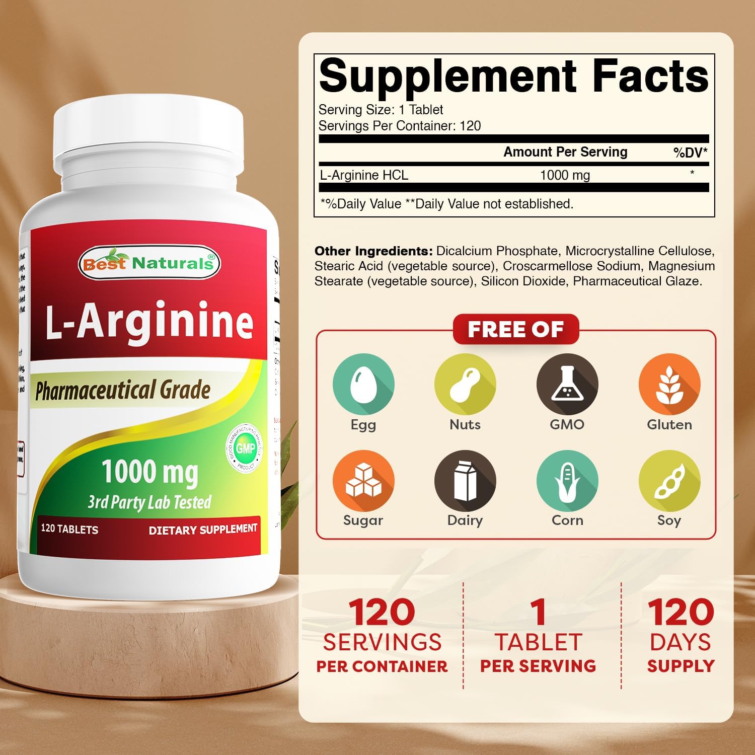 (New Improved Formula) Best Naturals L-Arginine 1000 mg 120 Tablets - Pharmaceutical Grade L Arginine Supplement Promotes Nitric Oxide Synthesis