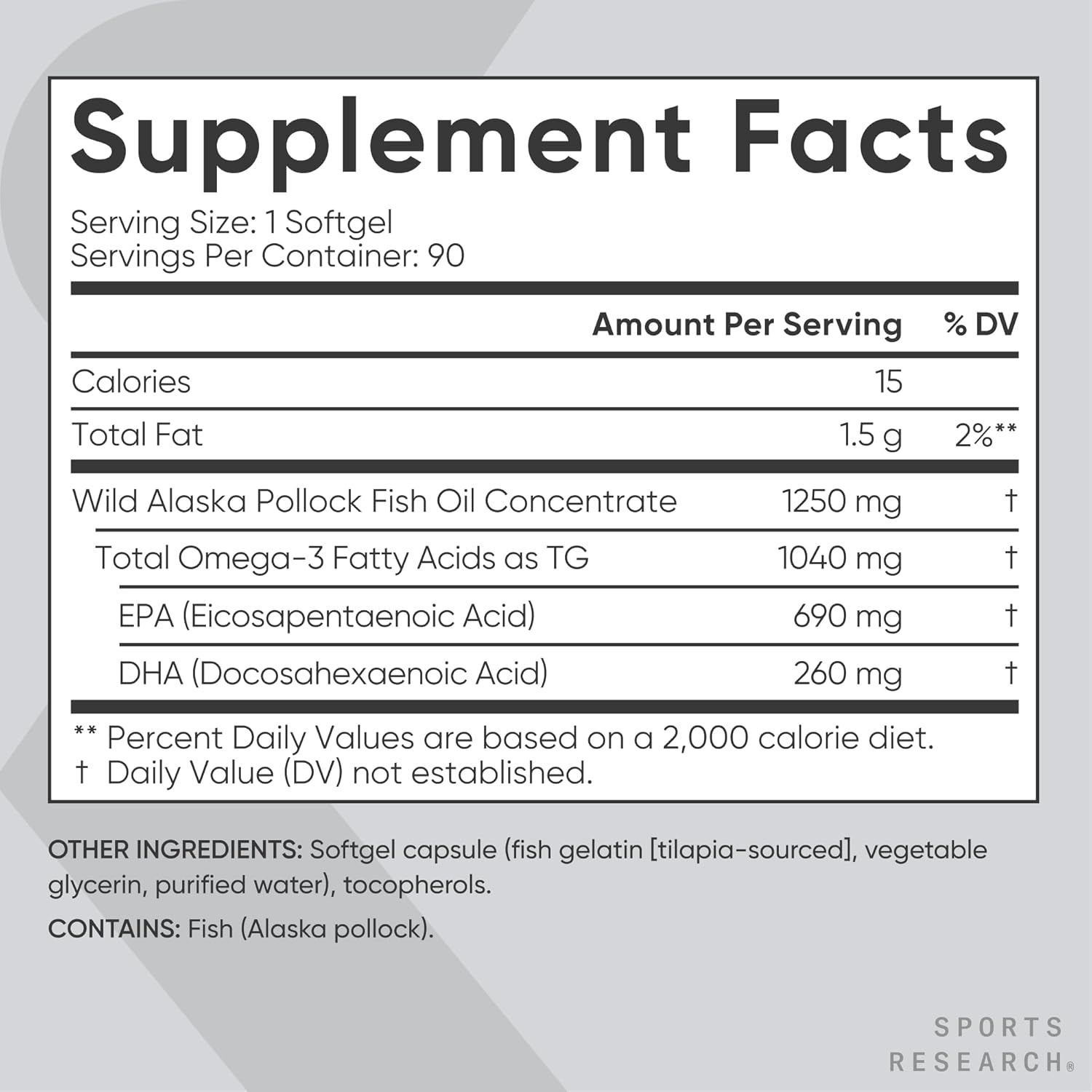 Sports Research Triple Strength Omega 3 Fish Oil - Burpless Fish Oil Supplement w/EPA & DHA Fatty Acids from Single-Source Wild Alaska Pollock - 1250 mg, 90 ct