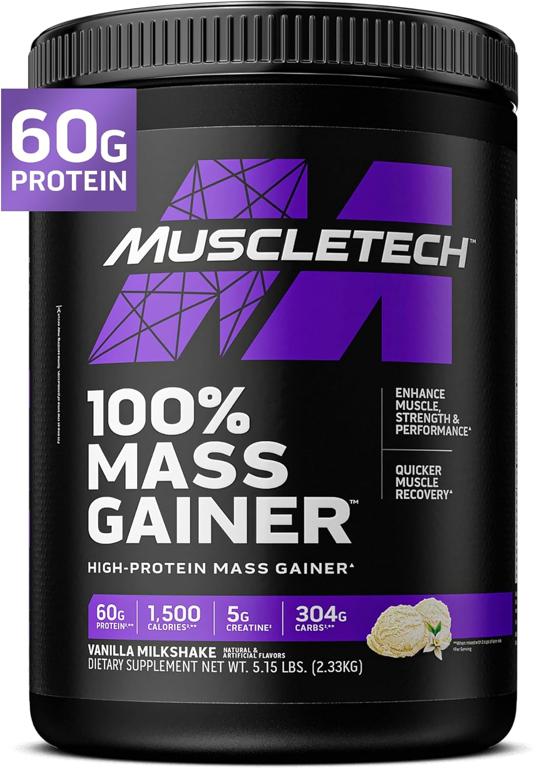 MuscleTech High Protein Mass Gainer for Men & Women - Protein Powder Shakes for Weight Gain, Muscle Building & Recovery with Creatine Monohydrate - Vanilla Milkshake, 5.15 Pound