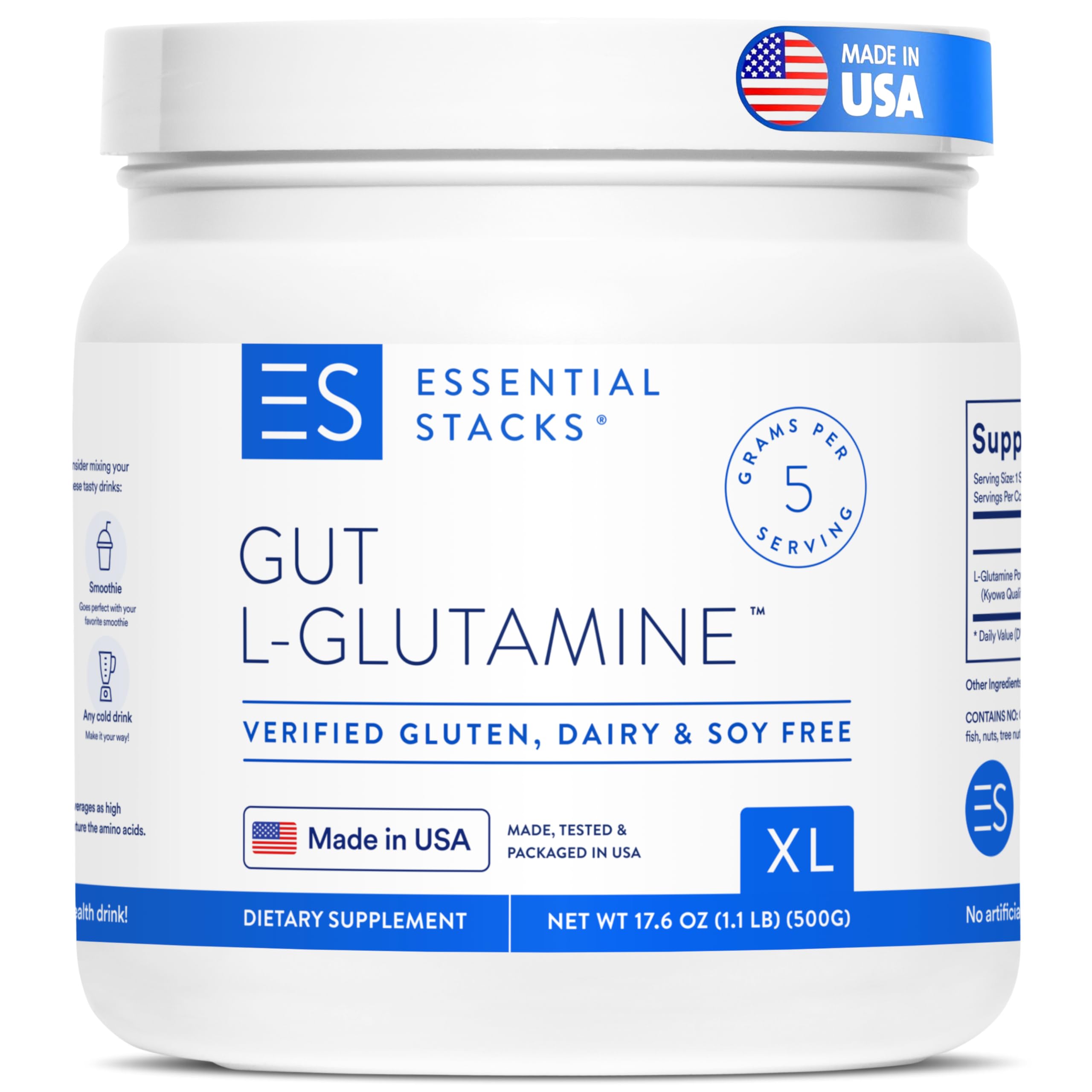 Essential Stacks Gut L-Glutamine Powder - Exclusively Made in USA - Pure L Glutamine Powder for Gut Health (60 Servings, Unflavored)