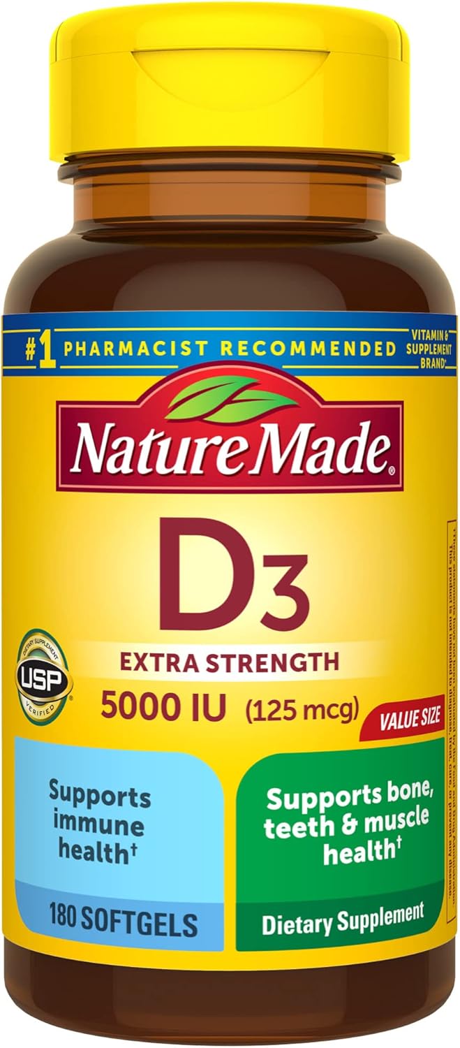 Nature Made Vitamin D3 5000 IU (125 mcg) Softgels, Extra Strength Vitamin D Supplement for Bone and Immune Health Support, 180 Count, 180 Day Supply