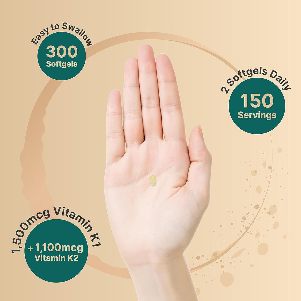 NatureBell Vitamin K Complex, K1 + K2 (MK-7 & MK-4) 2,600mcg Per Serving, 300 Coconut Oil Softgels | Max Absorption – Full Spectrum K Vitamins Supplement | Heart & Bone Support | Non-GMO