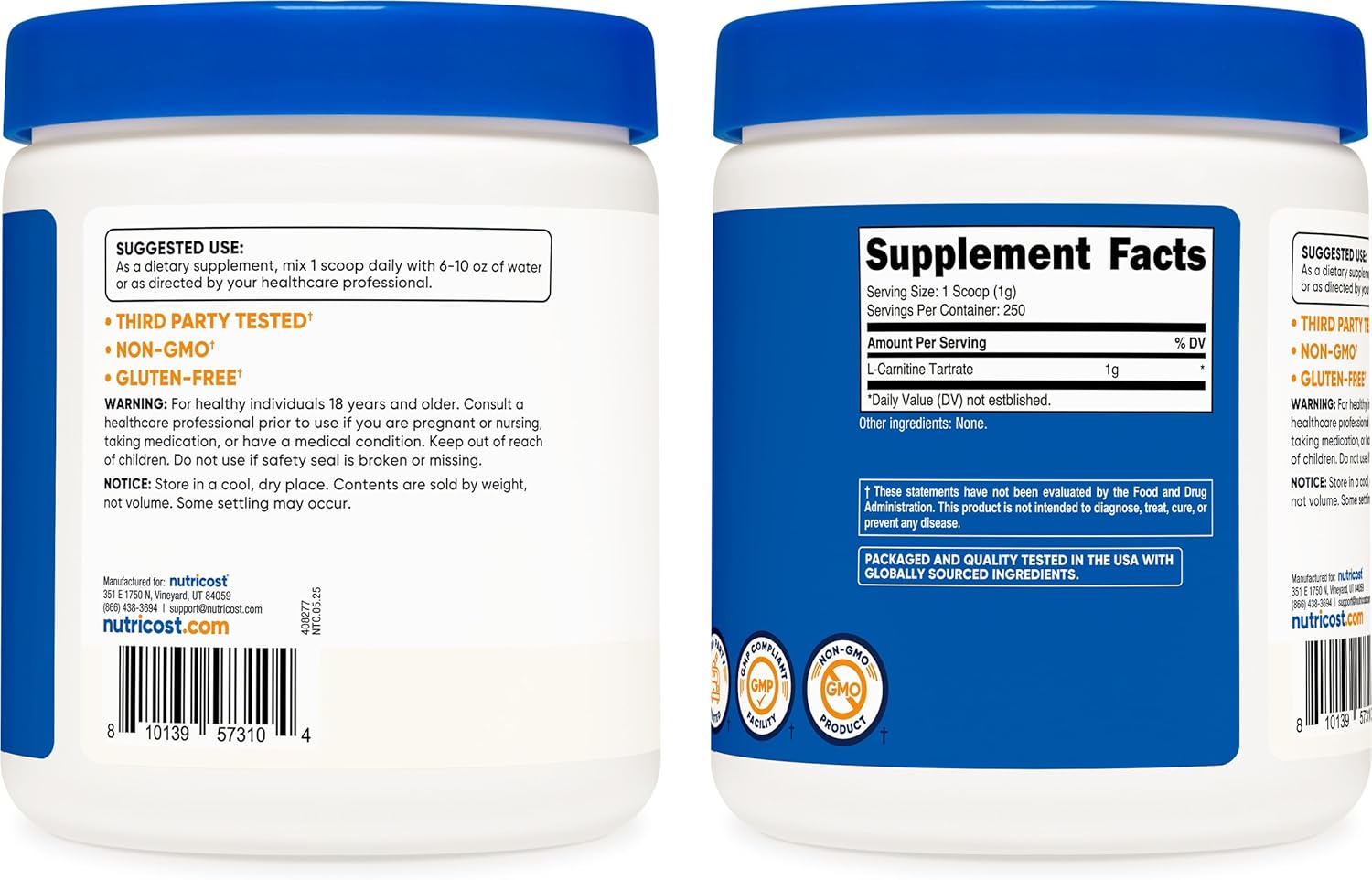 Nutricost L-Carnitine Tartrate Powder (250 Grams) - 1 Gram per Serving, 250 Servings