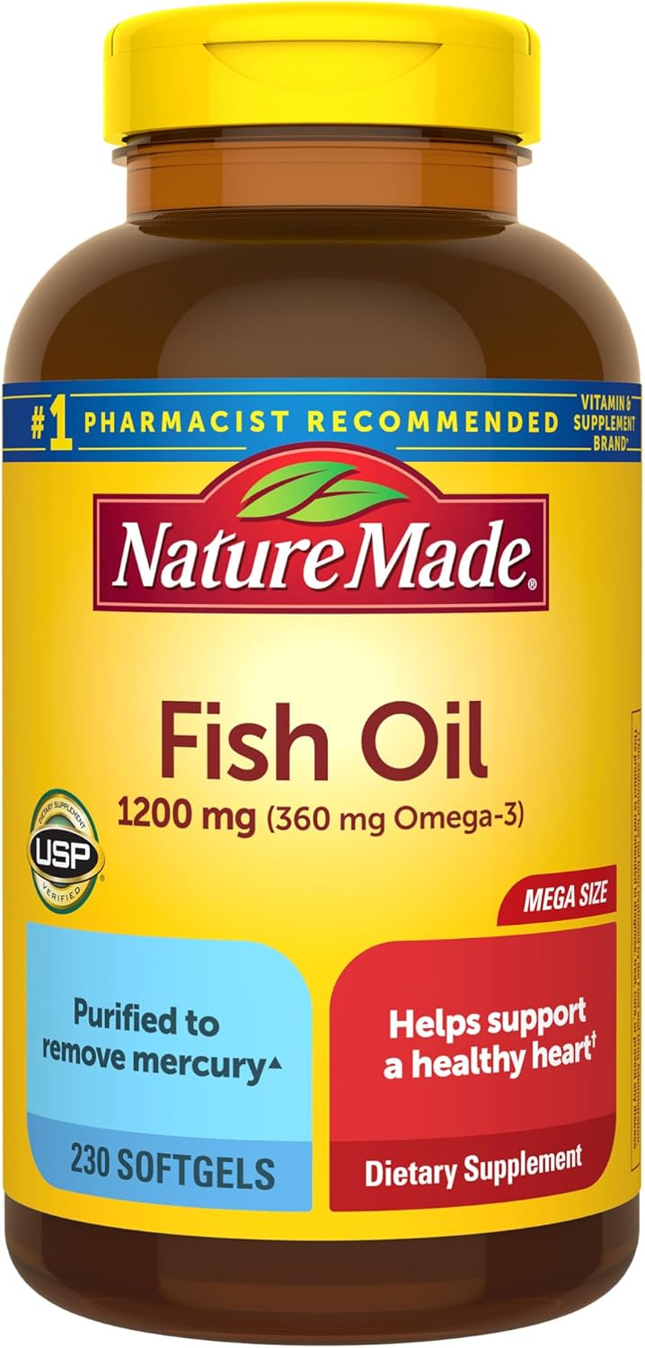 Nature Made Fish Oil Omega 3 Supplements, 1200 mg Softgels, Omega 3 Fish Oil for Healthy Heart Support, 230 Softgels, 115 Day Supply