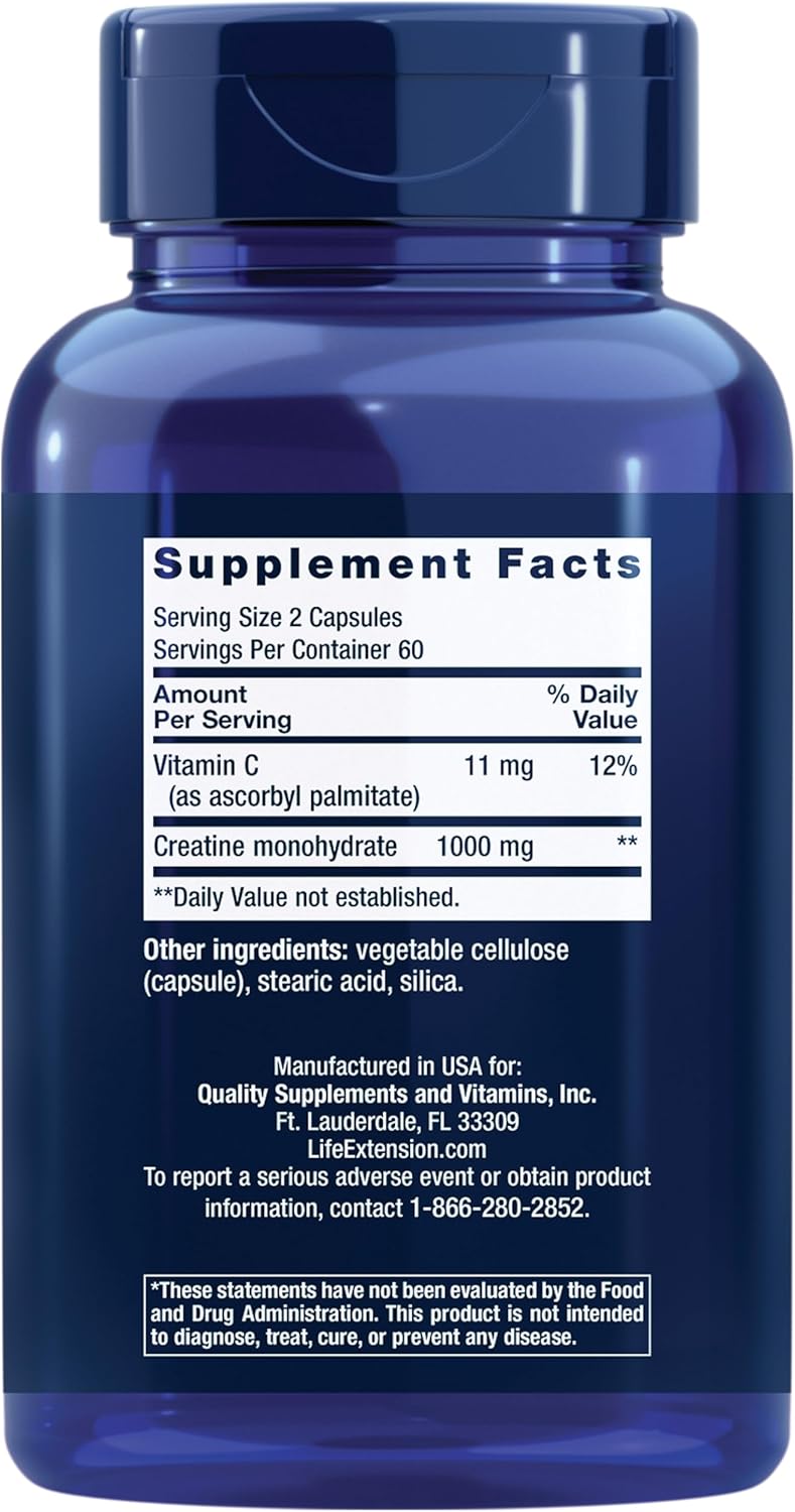 Life Extension Creatine Capsules – Creatine Monohydrate – Promotes Strength, Lean Muscle, Healthy Endurance – Non-GMO, Gluten-Free – 120 Capsules