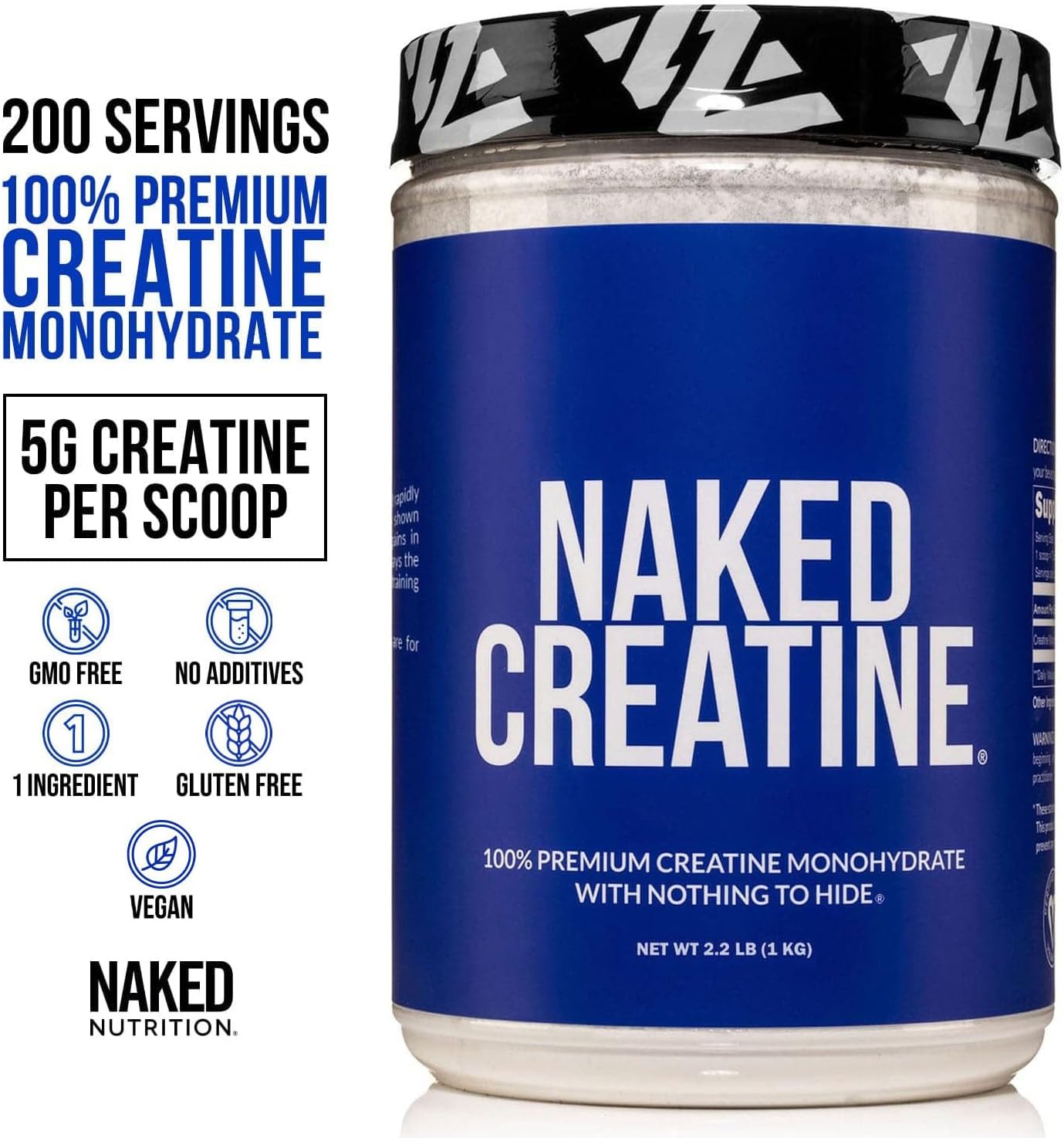 NAKED Pure Micronized Creatine Monohydrate – 200 Servings, 1,000g Bulk – Vegan, Non-GMO, Gluten & Soy Free - Muscle Building, Strength Training, Gym & Fitness Supplement
