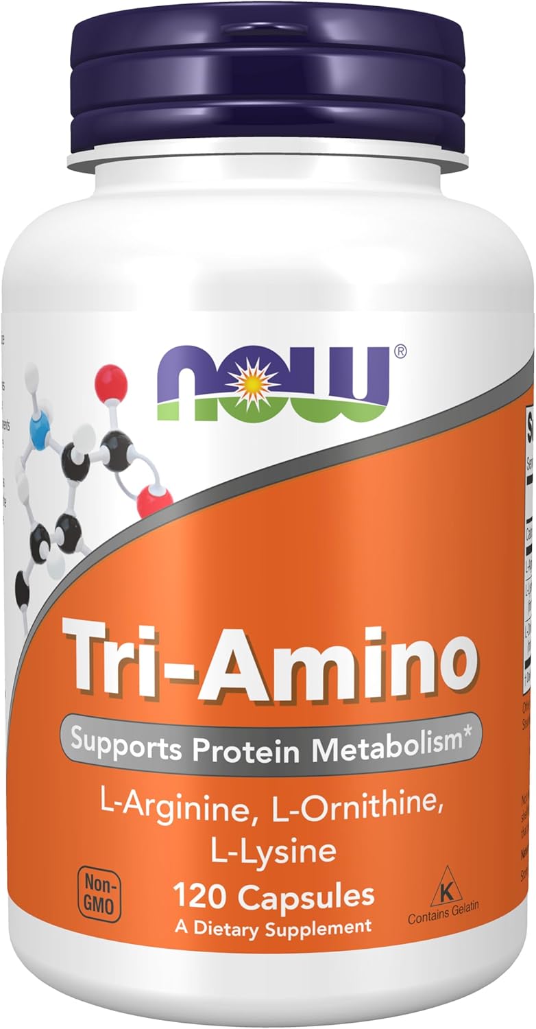 NOW Foods Supplements, Tri-Amino with L-Arginine, L-Ornithine, L-Lysine, Supports Protein Metabolism*, 120 Capsules