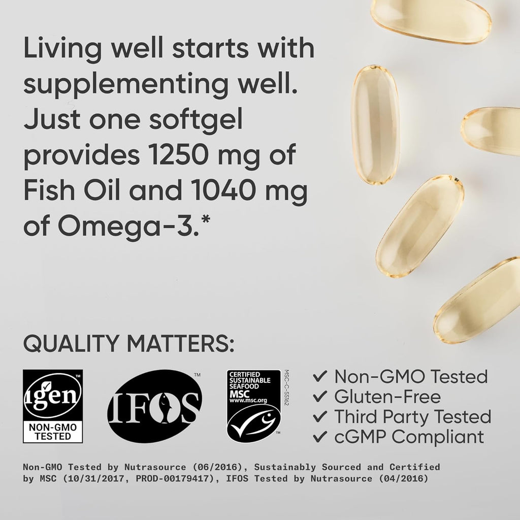 Sports Research Triple Strength Omega 3 Fish Oil - Burpless Fish Oil Supplement w/EPA & DHA Fatty Acids from Single-Source Wild Alaska Pollock - 1250 mg, 90 ct