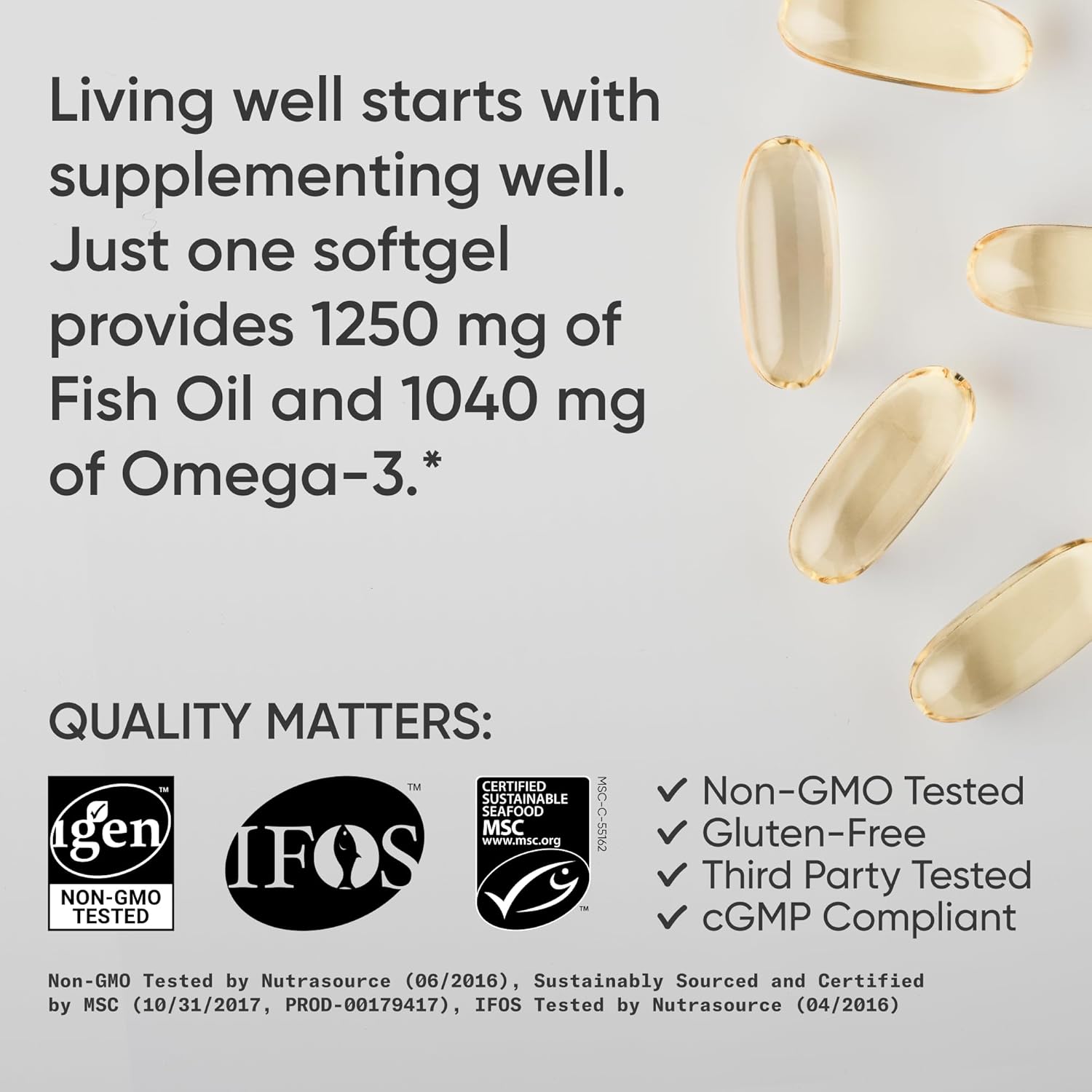Sports Research Triple Strength Omega 3 Fish Oil - Burpless Fish Oil Supplement w/EPA & DHA Fatty Acids from Single-Source Wild Alaska Pollock - 1250 mg, 90 ct