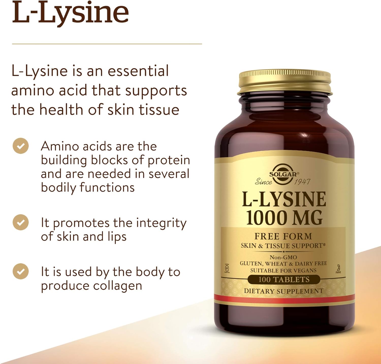 Solgar L-Lysine 1000 mg, 100 Tablets - Enhanced Absorption and Assimilation - Promotes Integrity of Skin and Lips - Collagen Support - Amino Acids - Non GMO, Vegan, Gluten Free - 100 Servings